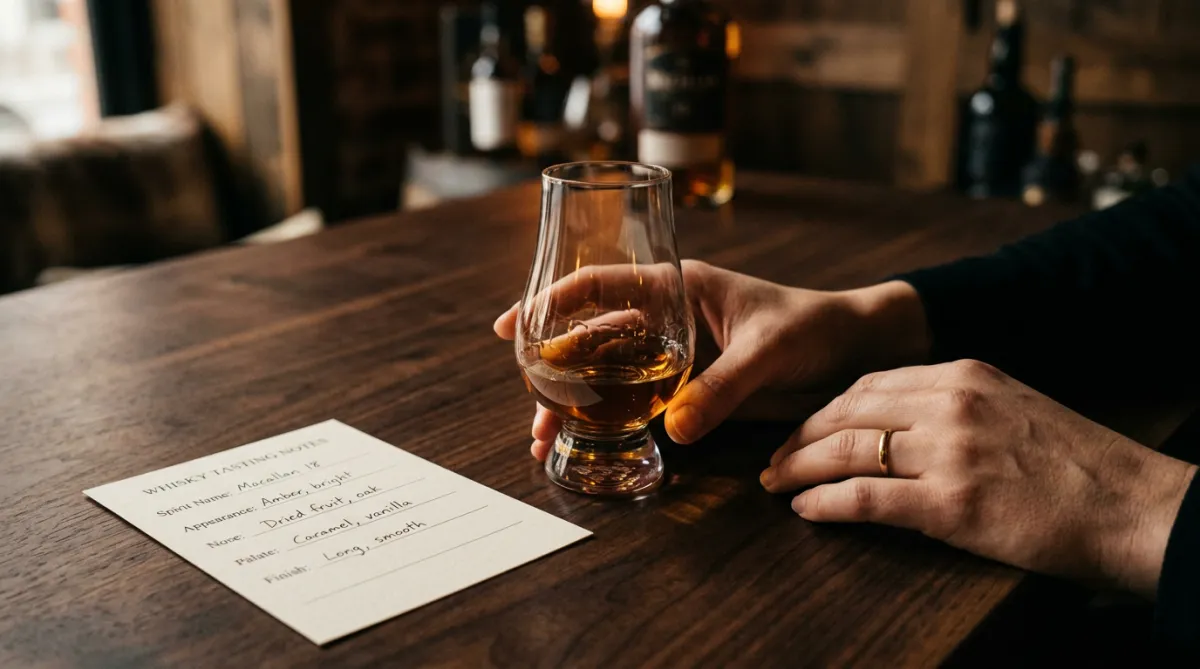 Configuración editorial de cata guiada con cristalería Glencairn y cuaderno de notas sobre mesa de madera oscura