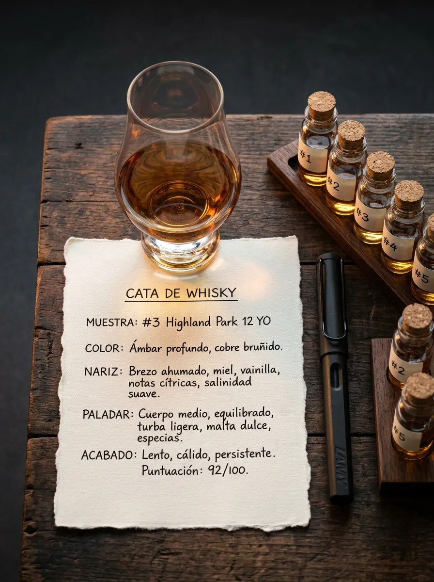 Mesa de cata con cristalería Glencairn, cuaderno de notas técnicas y muestras calibradas