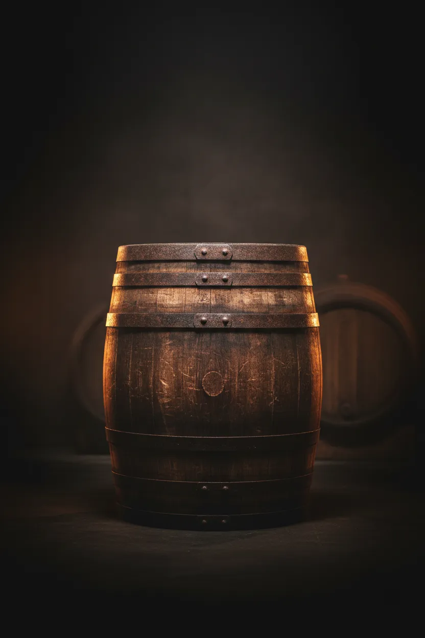 Aged whisky barrel in a dark, atmospheric cellar