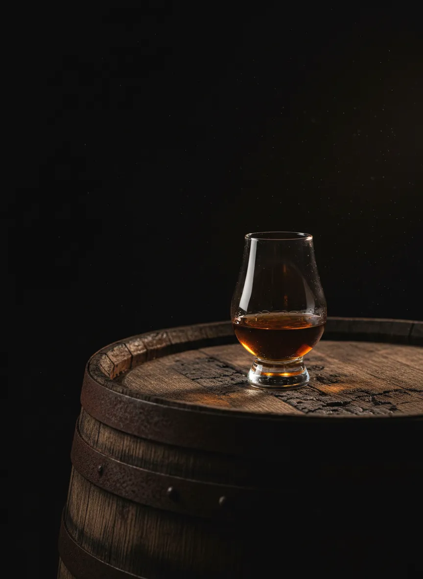 Atmospheric view of a whisky tasting setting, intimate and moody