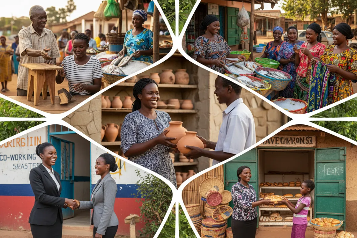 A montage of diverse Kenyan small business owners outside their shops and offices