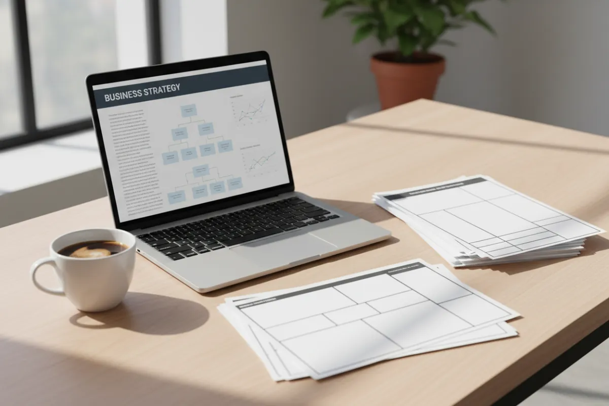A neat workspace photo: laptop with a visible business plan, printed templates, and a cup of coffee on a clean desk — bright daylight, minimal photographic style emphasizing practical tools and clarity.
