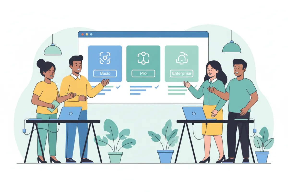 A flat vector illustration of a diverse group of entrepreneurs gathered around a large screen displaying three website plan options. The background is a bright, modern workspace with plants and digital devices, and the color palette features blue and teal accents.