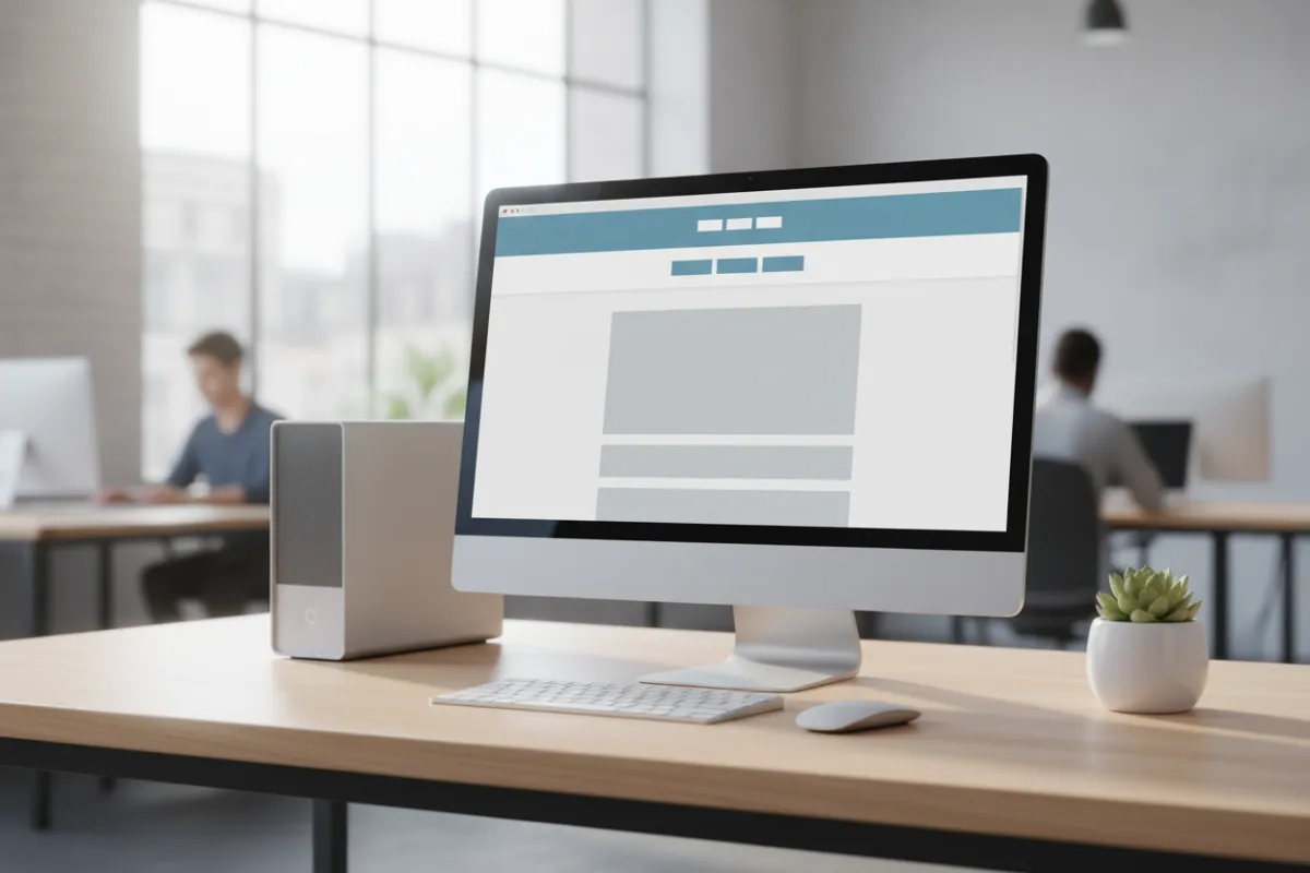 A realistic mockup of a desktop computer on a light wooden desk, displaying a simple website homepage with a clean, minimal layout. The background features a soft, blurred office environment, and the screen shows a basic template with a blue accent header and clear navigation.