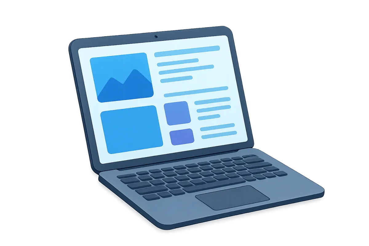 Modern digital illustration of a laptop displaying a vibrant website wireframe, floating on a transparent background.