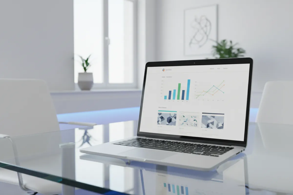 A realistic product mockup showing a laptop on a modern glass table, displaying a business website dashboard with analytics graphs and premium template thumbnails. The background is a bright, contemporary office with natural light and subtle blue accents on the screen.