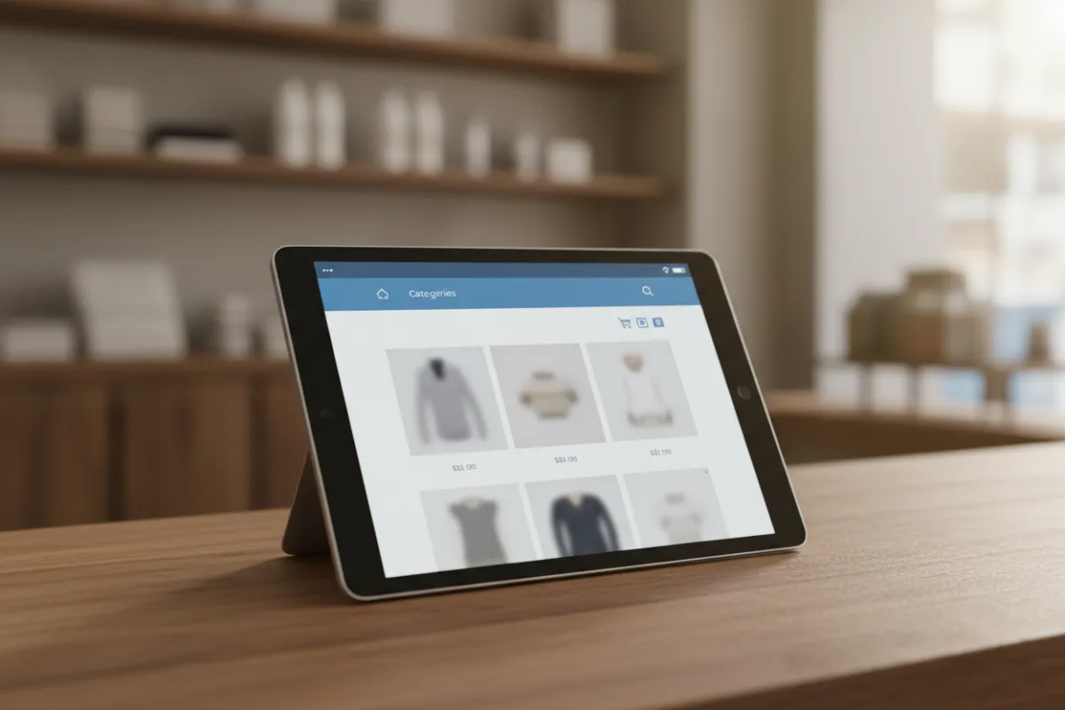 A realistic mockup of a tablet on a wooden counter, displaying an eCommerce storefront with product images, a shopping cart, and payment icons. The background is a cozy retail space with warm lighting, and the screen features a blue-accented navigation bar.