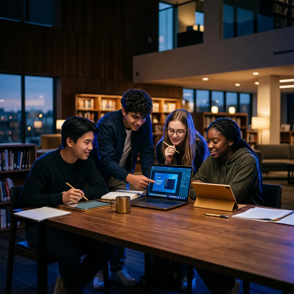 Diverse group of focused modern learners collaborating in a modern study space