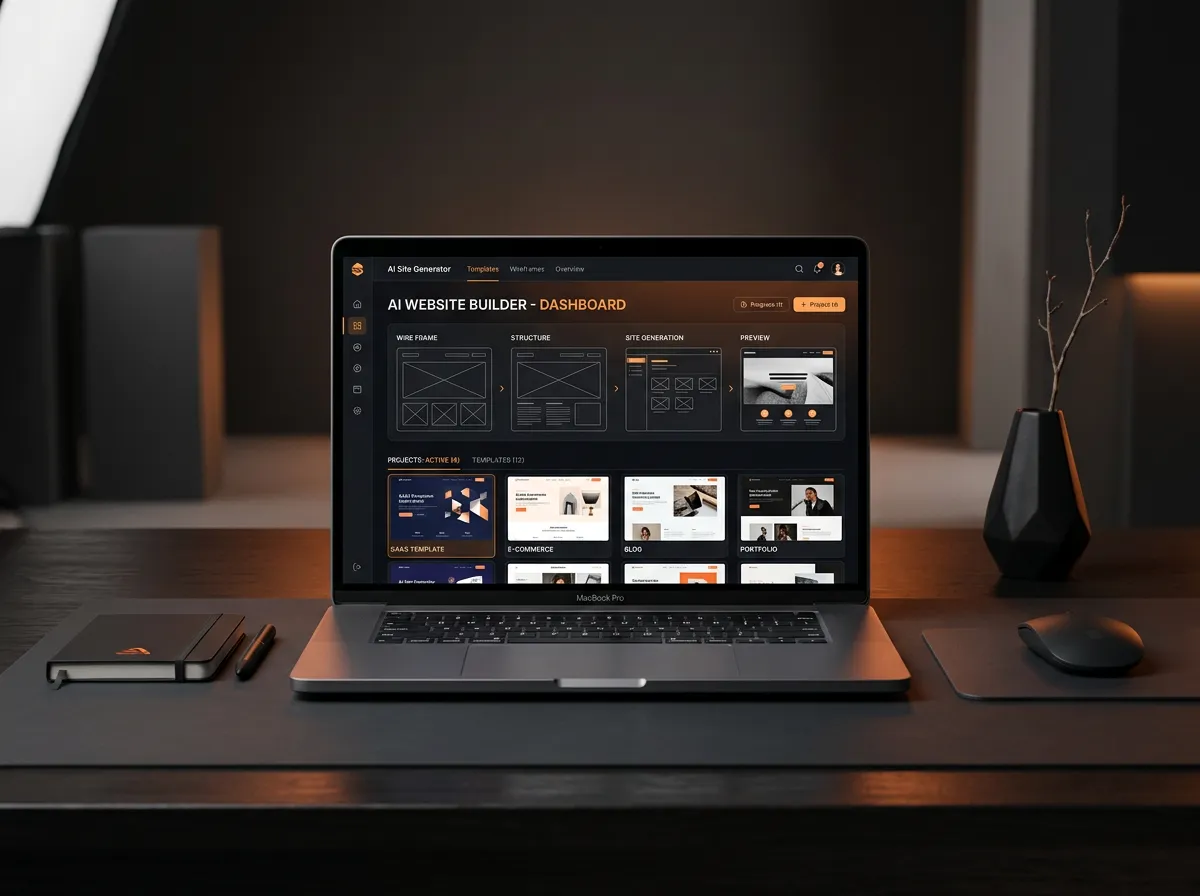 Sleek modern dashboard showing entrepreneur workspace tools and AI site generator templates with subtle orange accents