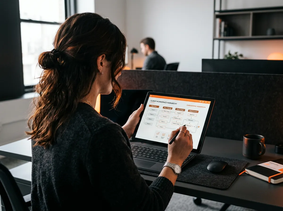 Professional visualization of structured client workspace hierarchy and streamlined onboarding support workflows