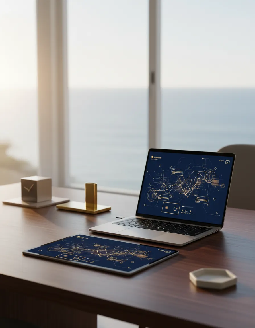 Executive using a smart, organized digital business system instead of dealing with chaos