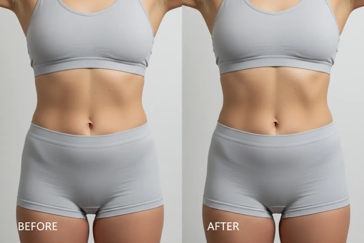 Before and after midsection comparison showing visible reduction in waistline after treatment.