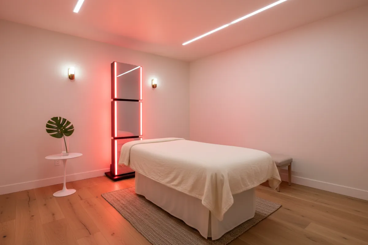 Warm, clean treatment room with stacked red light panels and a comfortable treatment table.