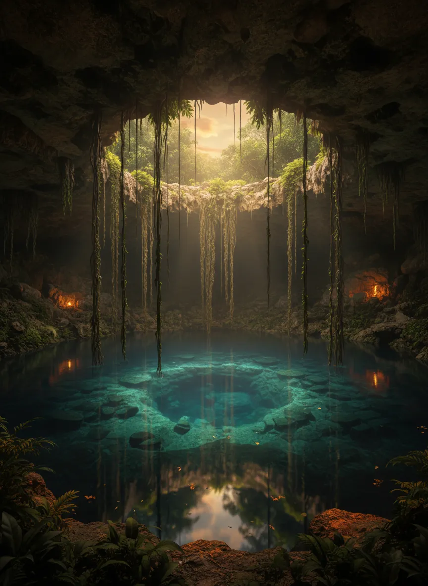 Ancient tribal ritual scene with fire highlights in a deep jungle setting