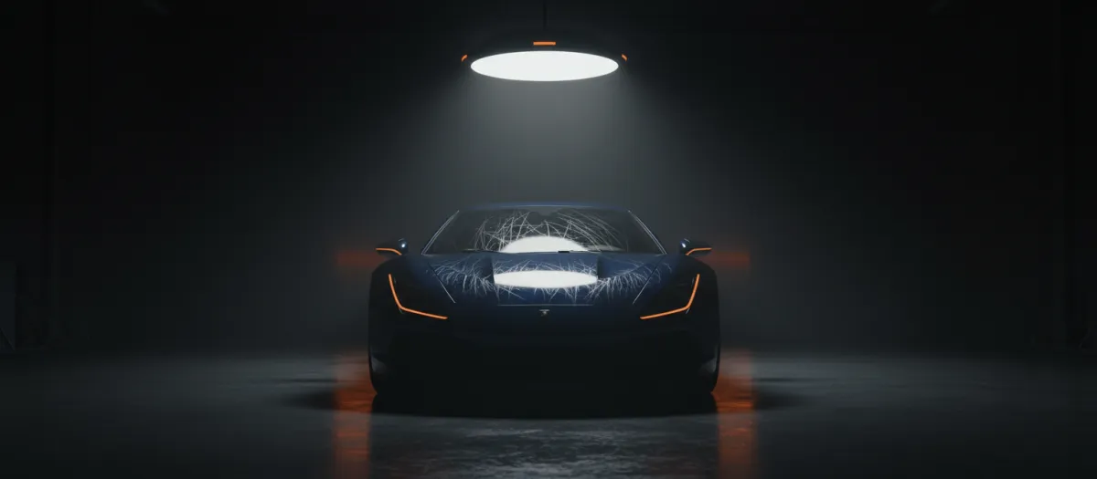 A car under inspection lighting, showing the assessment process before correction begins