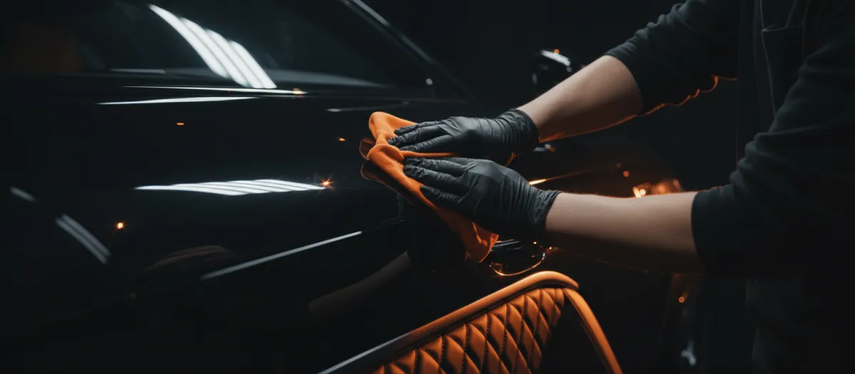 Wide banner image of gloved hands working on a detail with a microfiber cloth