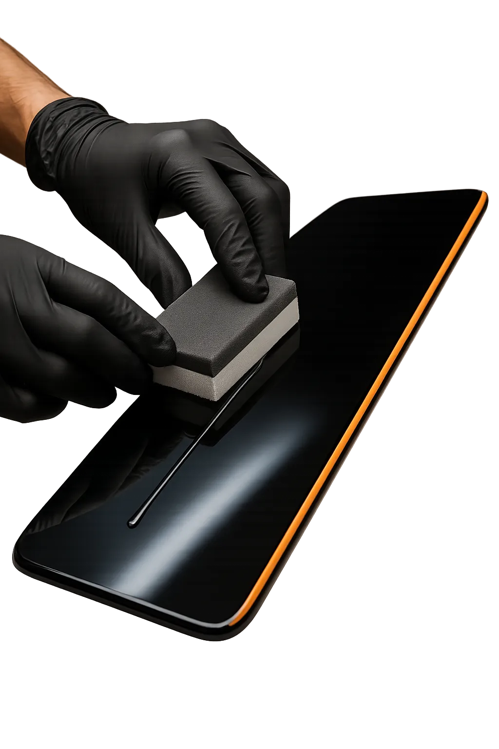 Hands applying ceramic coating to a panel, showing the application process