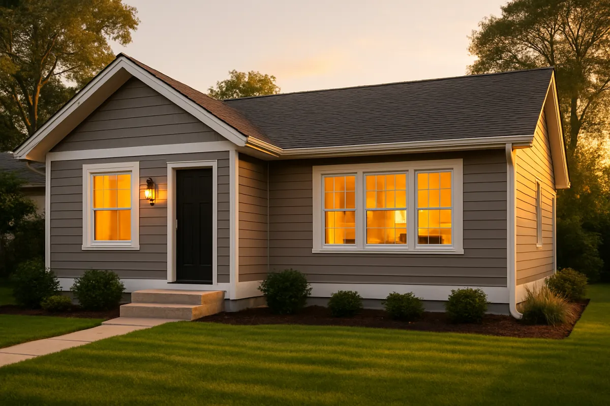 Freshly renovated home exterior at golden hour demonstrating quality renovation results.