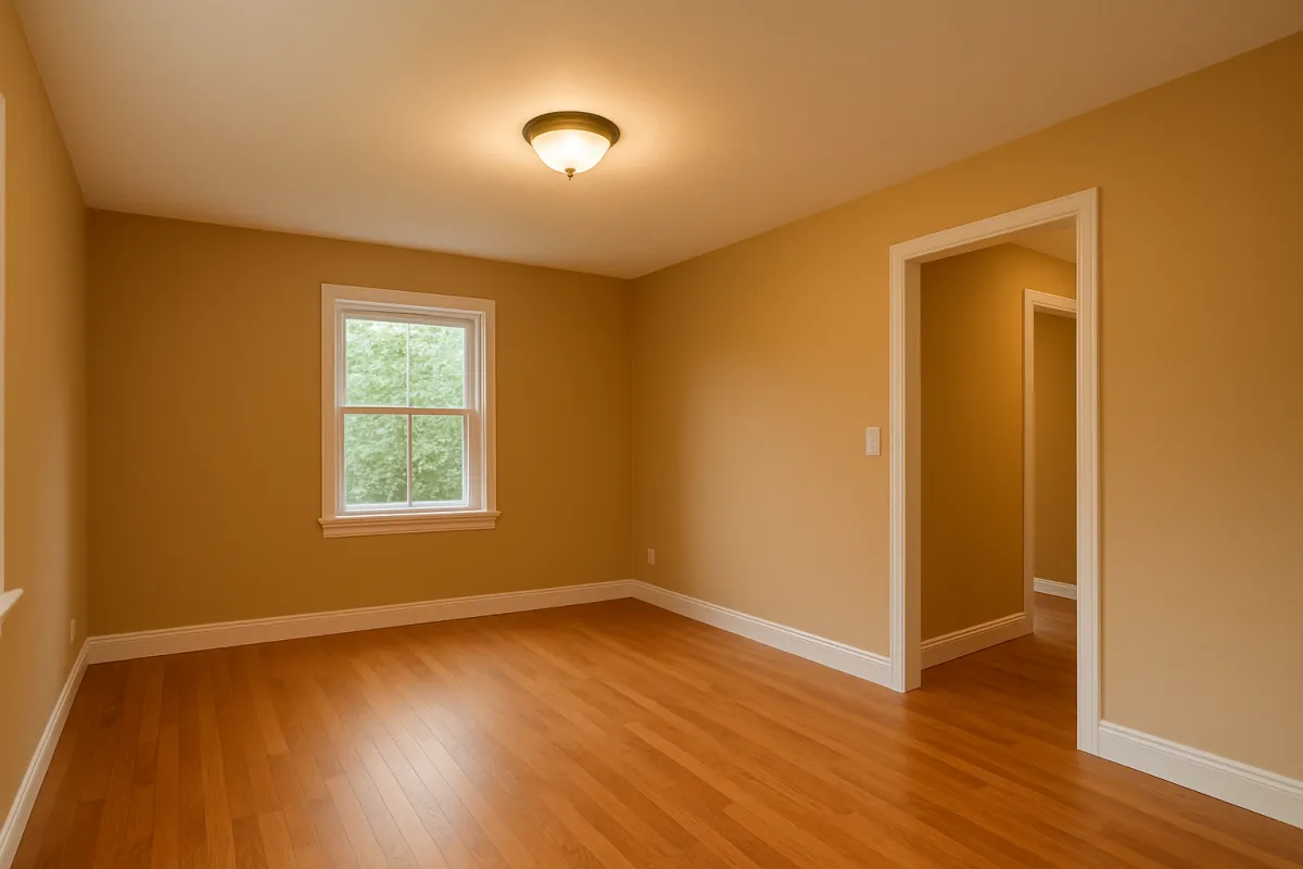 Living room after restoration with repaired finishes.
