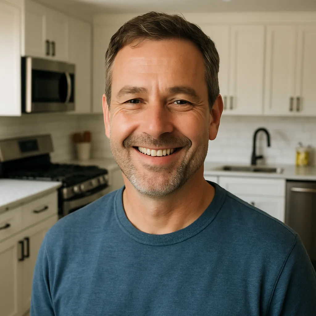 Headshot of a satisfied homeowner smiling in a remodeled kitchen