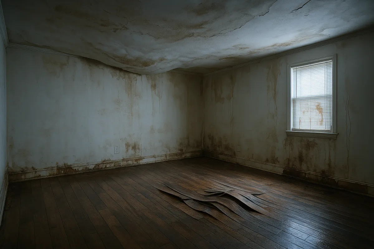 Living room before restoration with visible water damage.