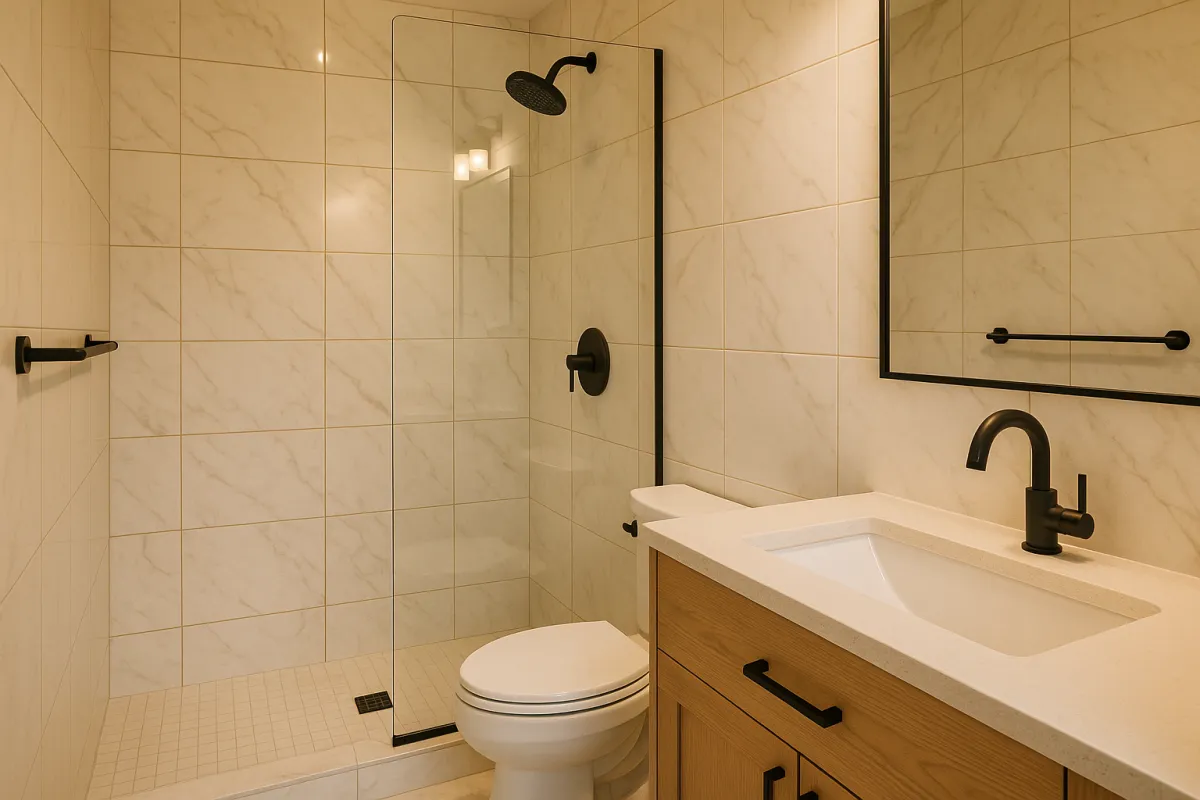 Remodeled bathroom with walk-in tile shower and matte black fixtures