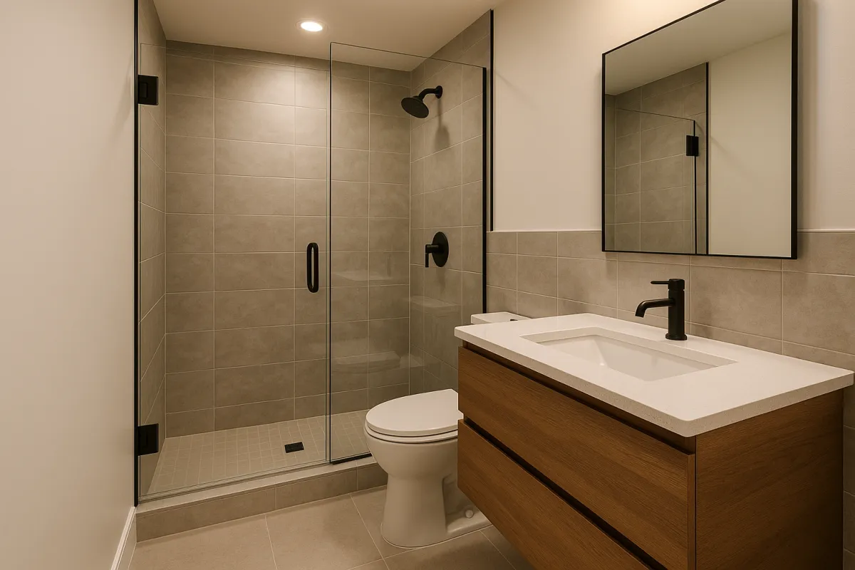 Modern bathroom renovation with tiled walk-in shower, floating vanity, quartz countertop, and matte black fixtures