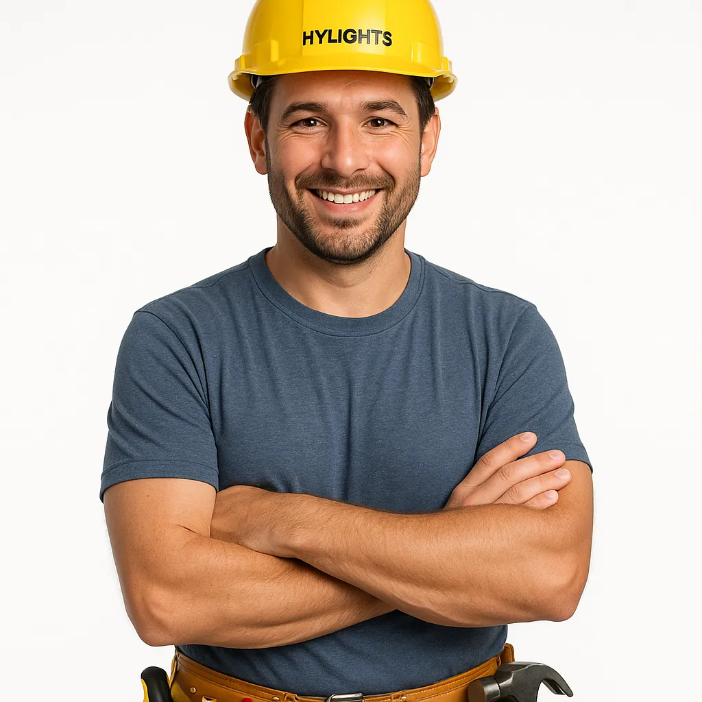 Smiling professional contractor wearing yellow hard hat and tool belt