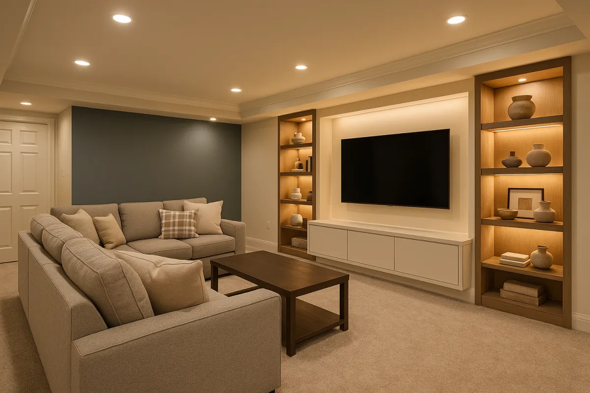 Finished basement living area with built-in media wall and recessed shelving