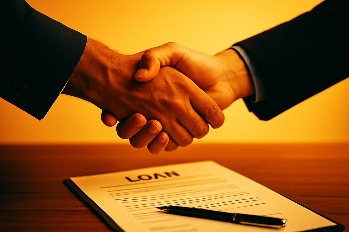 Two hands shaking over a loan document, conveying partnership and trust.