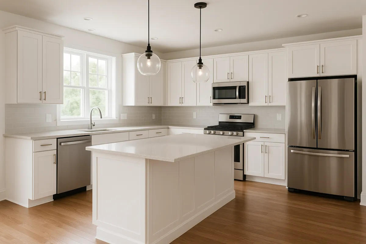 Renovated modern kitchen with light quartz countertops and stainless appliances