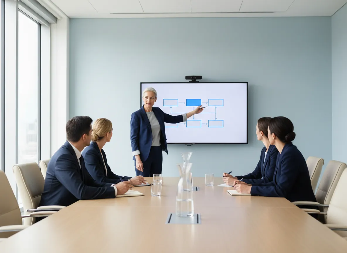 Operations consultant reviewing workflow with leadership team