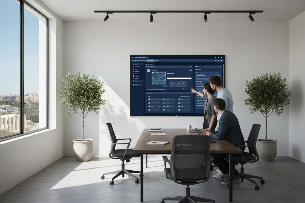 A small team reviewing a digital workflow on a large monitor in a modern Athens office.