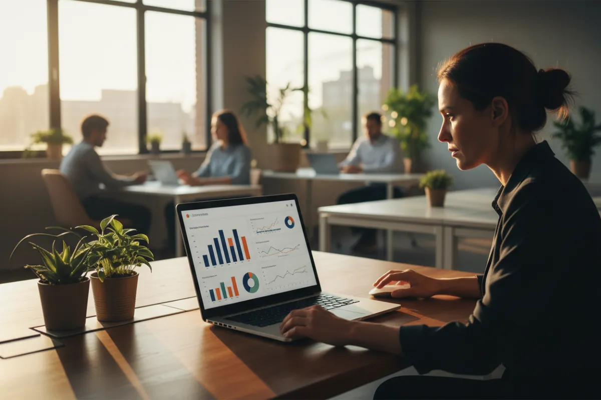 Operations manager at a mid-sized company using a dashboard on a laptop, with charts visible and a calm office background.
