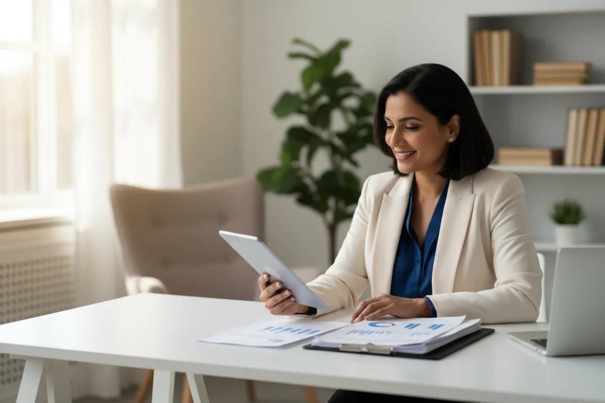 A confident middle-aged woman of South Asian descent sits at a modern desk, reviewing financial documents with a digital tablet in hand. The background features a softly blurred home office with natural light, conveying trust, professionalism, and approachability. The image is in a realistic, contemporary style.