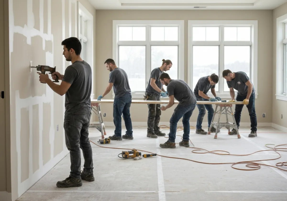Équipe de peinture et rénovation à Repentigny (Québec) travaillant à l’intérieur : préparation des murs, ruban de masquage et protections au sol