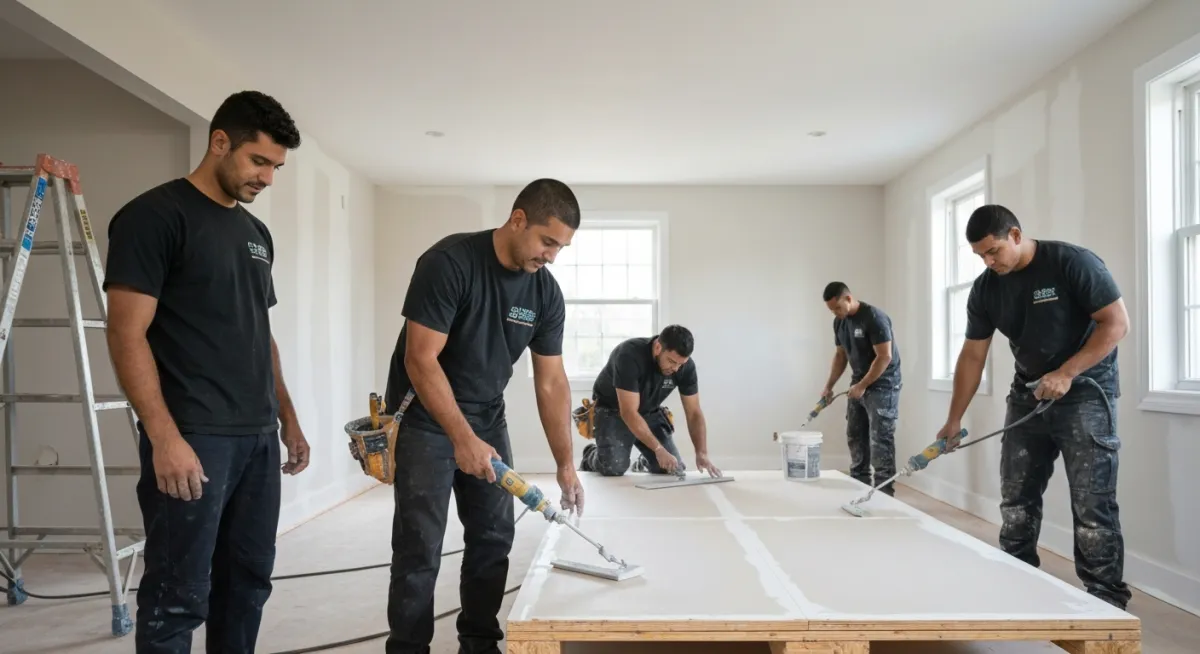 Équipe de peinture et rénovation à Laval (Québec) préparant une pièce (protection, ruban, bâches)
