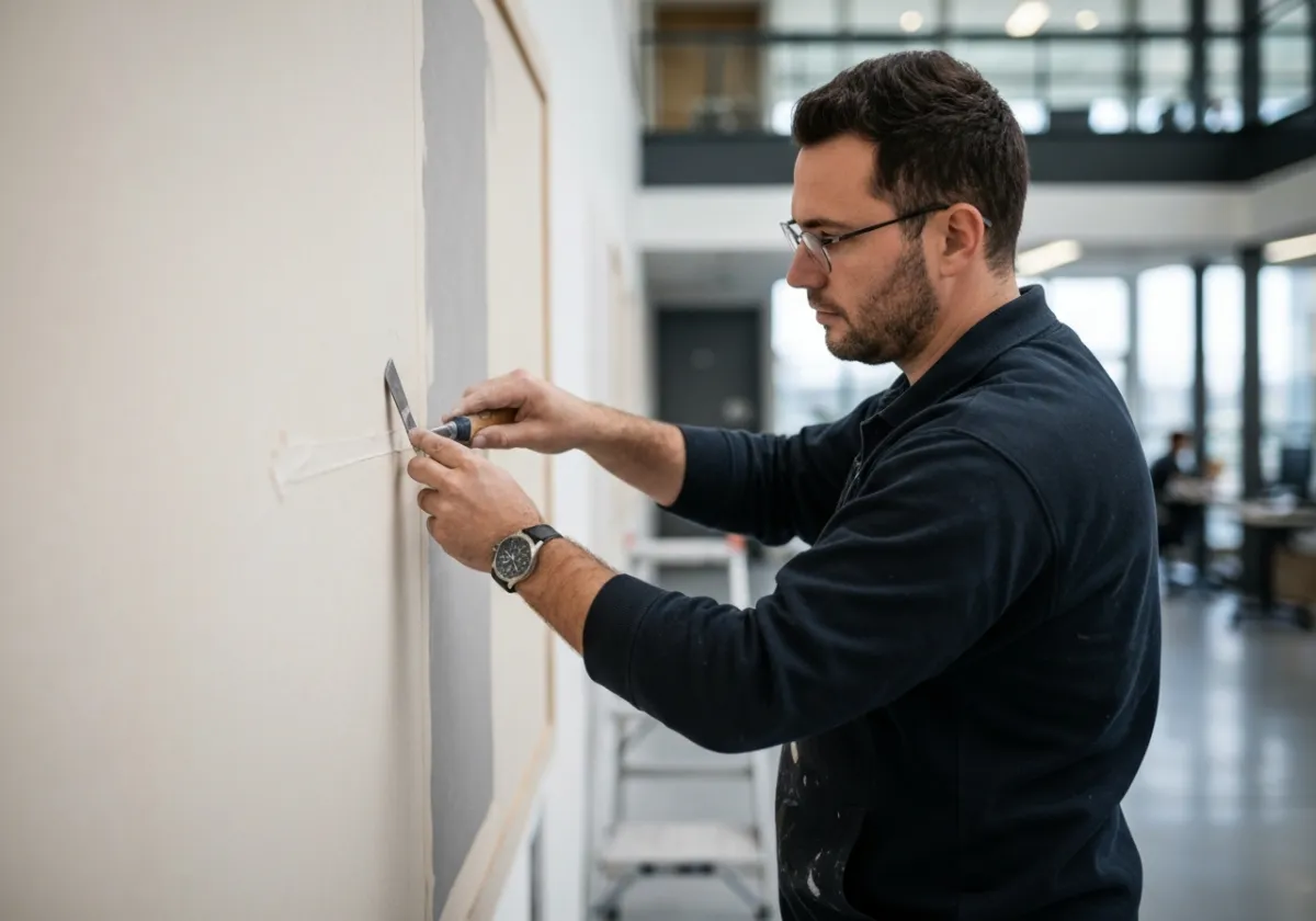 Mains appliquant une peinture intérieure sur un mur de bureau commercial, aucune personne identifiable