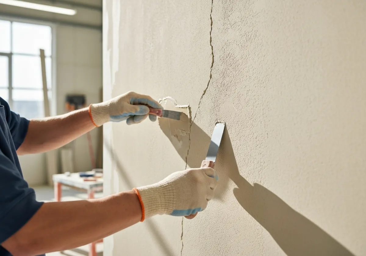 Rebouchage et réparation de fissures sur un mur avant peinture — main gantée, aucun visage