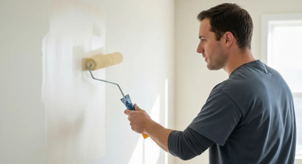 Peintre résidentiel à Laval (Québec) appliquant de la peinture au rouleau (intérieur)