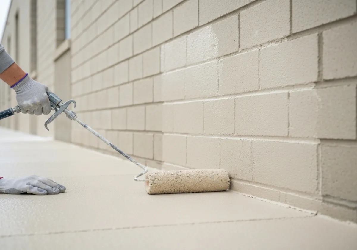 Peinture extérieure de bâtiment institutionnel — application sur façade, aucune personne identifiable