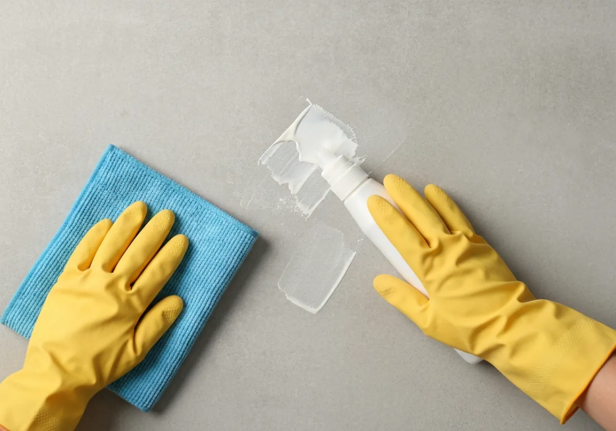 Nettoyage et dégraissage d’une surface avant peinture — gants et chiffon, aucun visage