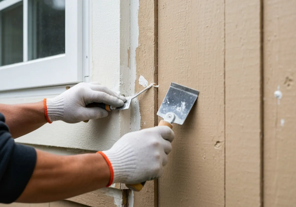 Préparation de peinture extérieure résidentielle: calfeutrage et ponçage autour d’une fenêtre, mains seulement