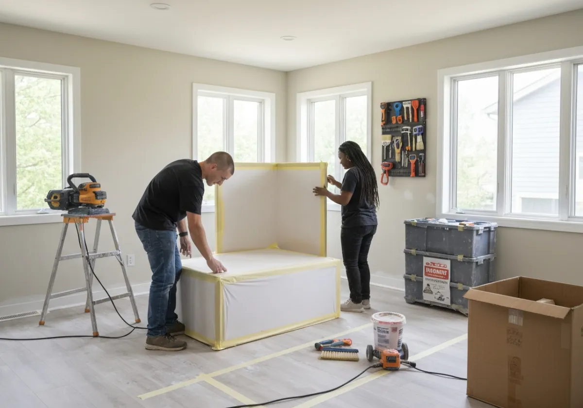 Équipe de peinture et rénovation à Brossard (Québec) préparant une pièce (protection, ruban, bâches)