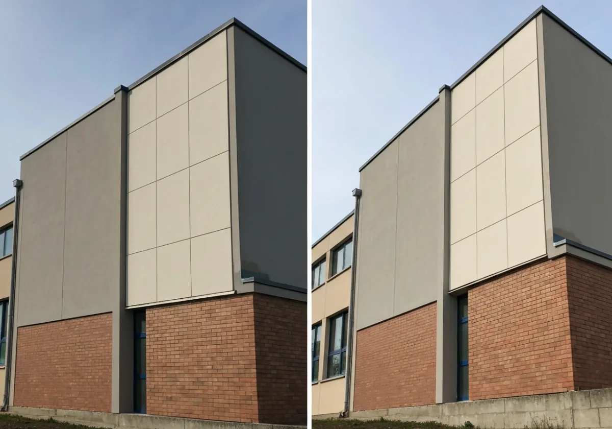Avant/après peinture extérieure sur bâtiment institutionnel — façade, aucune personne