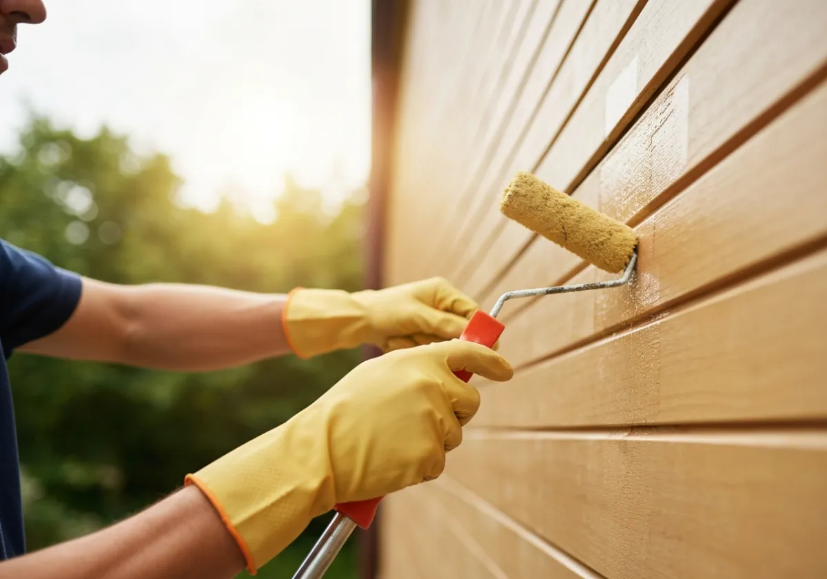 Application de peinture extérieure commerciale sur façade, aucune personne identifiable