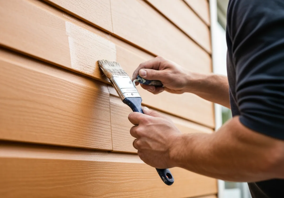 Gros plan des mains appliquant de la peinture extérieure au rouleau sur un parement résidentiel