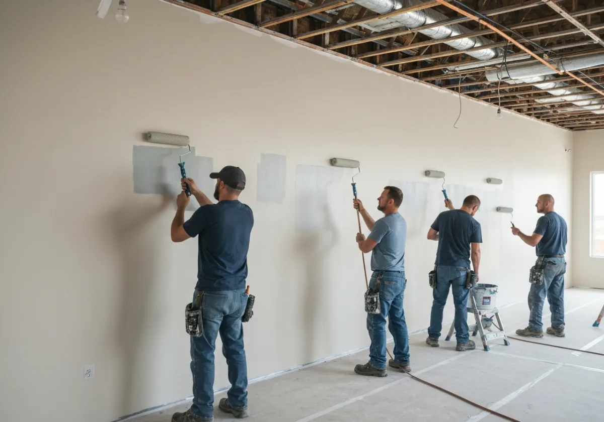 Équipe de peintres en bâtiment à Laval (Québec) peignant un mur intérieur