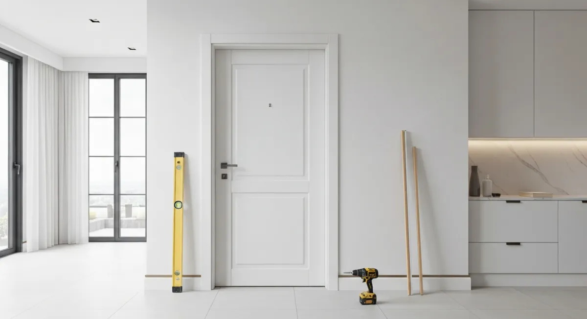 Porte intérieure installée avec cadrage et alignement précis — finition propre