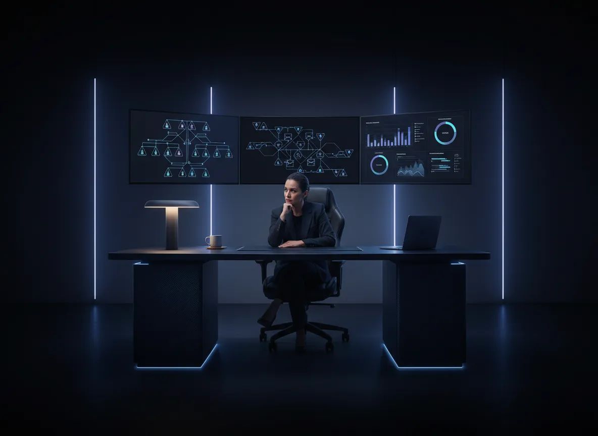 Network marketer looking at dashboards with sponsorship metrics in a dark, cool-toned workspace